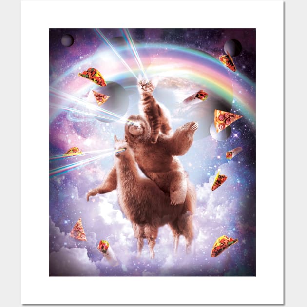 Laser Eyes Space Cat Riding Sloth, Llama - Rainbow Wall Art by Random Galaxy